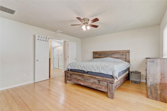 bedroom featuring ceiling fan and light wood-type flooring