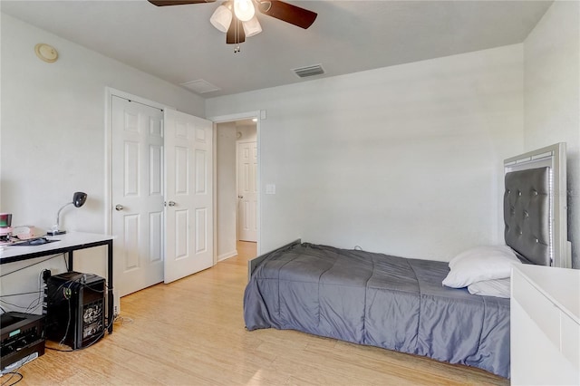 bedroom featuring ceiling fan and light wood-type flooring