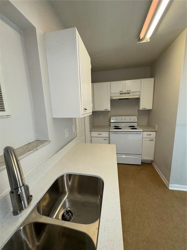 kitchen featuring sink, white cabinets, and white range with electric stovetop