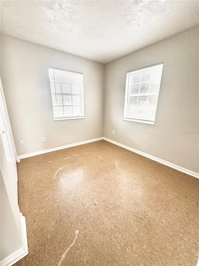 unfurnished room featuring a textured ceiling and carpet