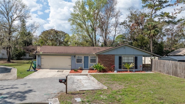 single story home with a garage and a front lawn