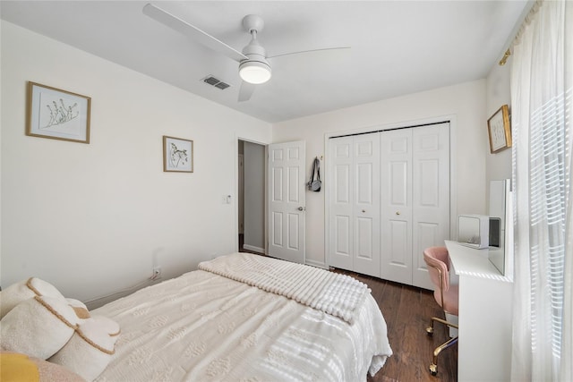 bedroom featuring dark wood-type flooring, a closet, and ceiling fan