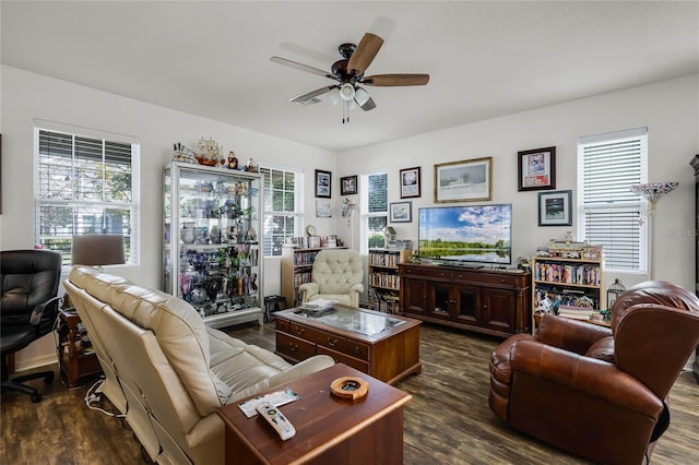 14214 Shocklach Dr, Winter Garden, FL 34787 - living room featuring a wealth of natural light, ceiling fan, and dark wood-type flooring