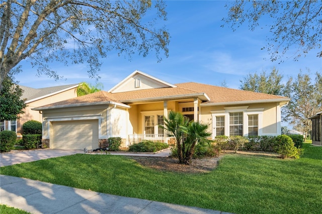 single story home featuring a garage, covered porch, and a front yard