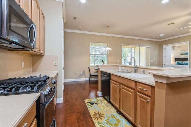 kitchen with stainless steel gas range, sink, dark hardwood / wood-style floors, black dishwasher, and an island with sink