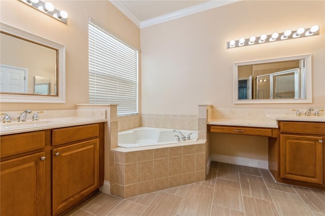 bathroom featuring crown molding, vanity, and separate shower and tub