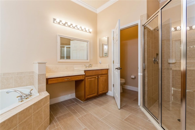 full bathroom with toilet, ornamental molding, plus walk in shower, and vanity