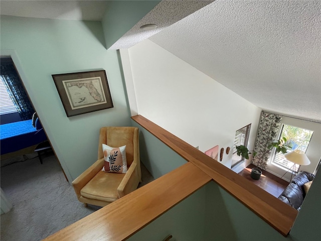 hall with carpet floors, a textured ceiling, and baseboards