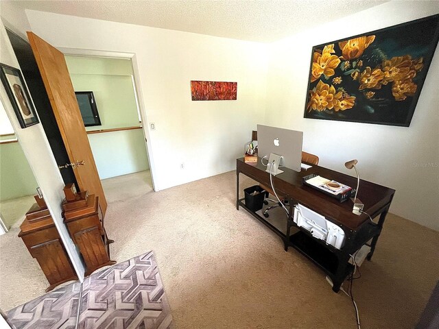 office area featuring a textured ceiling and carpet flooring