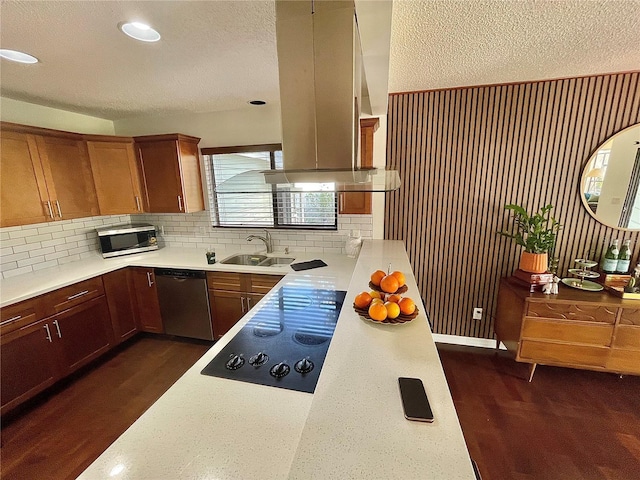 kitchen with stainless steel appliances, a sink, light countertops, and island range hood