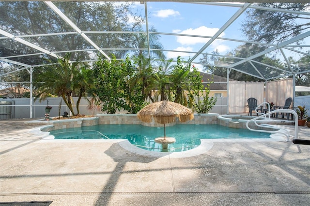 view of pool featuring a lanai and a patio area