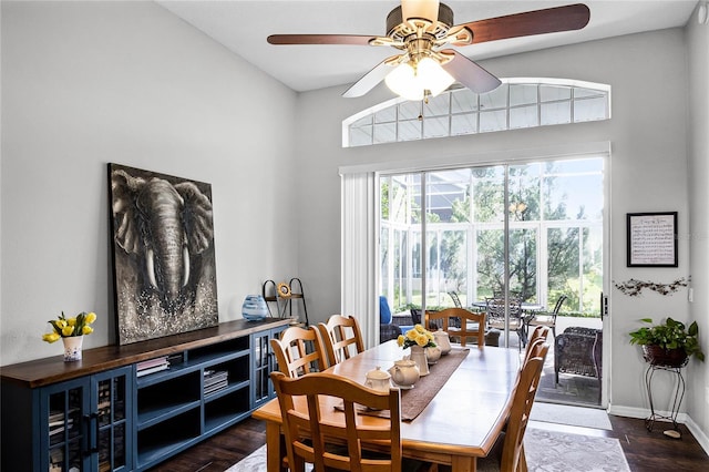 dining space featuring a healthy amount of sunlight, dark hardwood / wood-style flooring, and ceiling fan