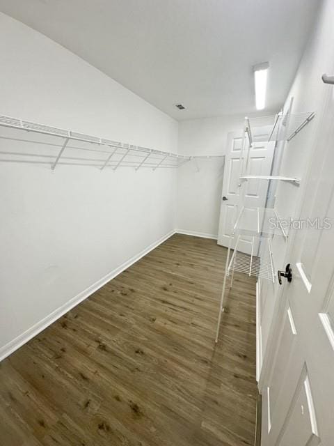 walk in closet with dark wood-style flooring