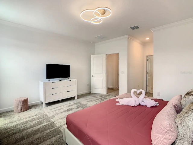 bedroom with light colored carpet and ornamental molding