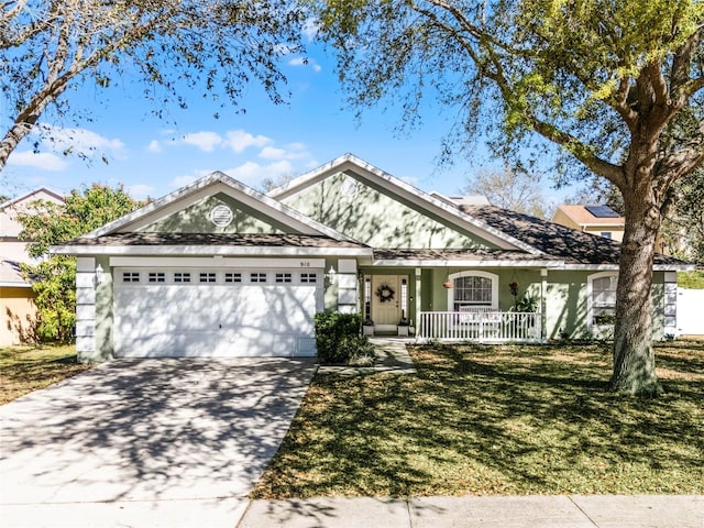 ranch-style house with a front lawn, covered porch, an attached garage, and driveway