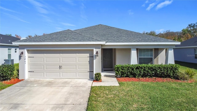 single story home featuring driveway, a shingled roof, stucco siding, a front lawn, and a garage