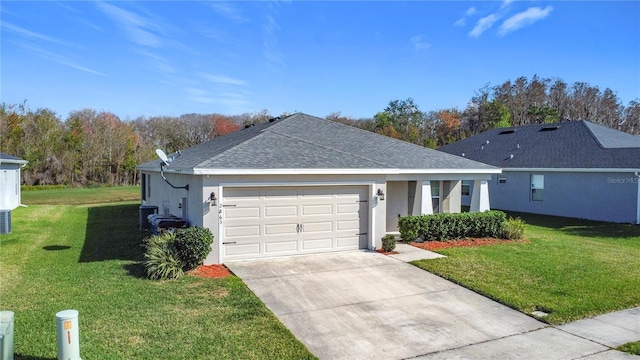 single story home featuring a garage, stucco siding, and a front yard