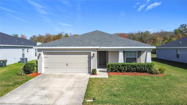 ranch-style house featuring a front yard, central AC unit, stucco siding, concrete driveway, and a garage