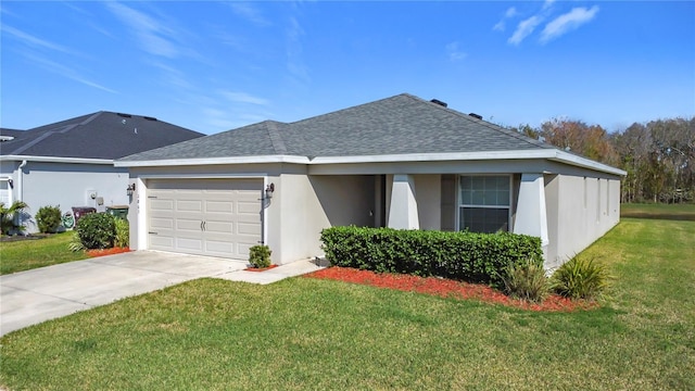 ranch-style home with stucco siding, driveway, roof with shingles, an attached garage, and a front yard