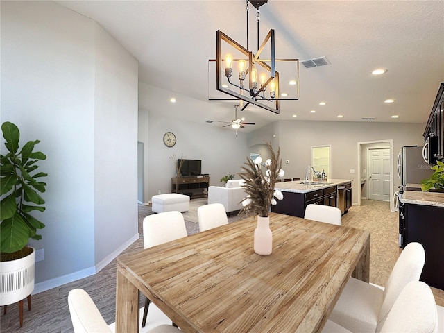 dining room with visible vents, recessed lighting, a ceiling fan, and baseboards