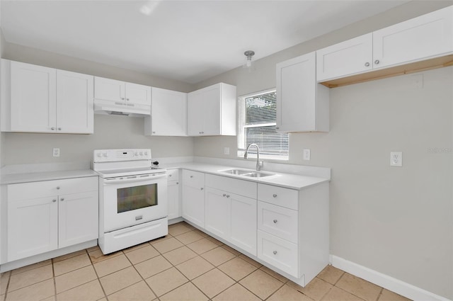 kitchen with white cabinetry, white electric range, sink, and light tile patterned floors