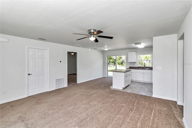 unfurnished living room featuring sink, light colored carpet, and a textured ceiling