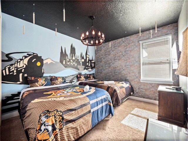 carpeted bedroom with a textured ceiling and a chandelier