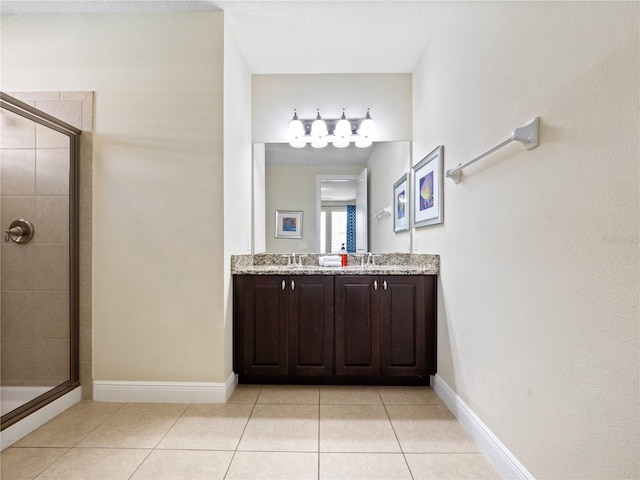 bathroom with tile patterned floors, an enclosed shower, and vanity