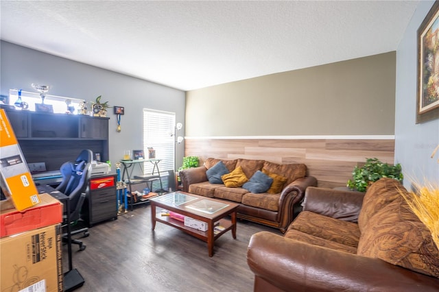 living room with dark hardwood / wood-style floors and a textured ceiling