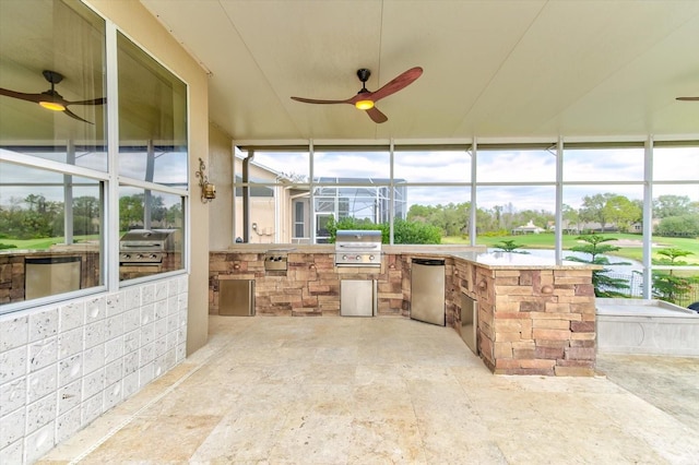 exterior space with ceiling fan