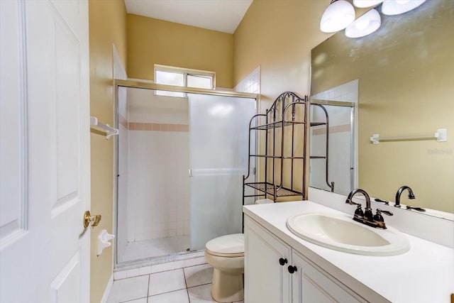 bathroom with tile patterned floors, vanity, toilet, and a shower with shower door