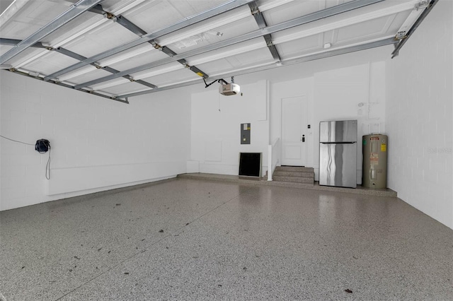 garage with concrete block wall, electric panel, a garage door opener, freestanding refrigerator, and water heater