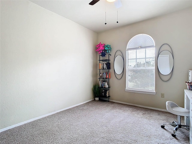 unfurnished office with ceiling fan and carpet