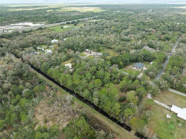 drone / aerial view featuring a water view and a forest view