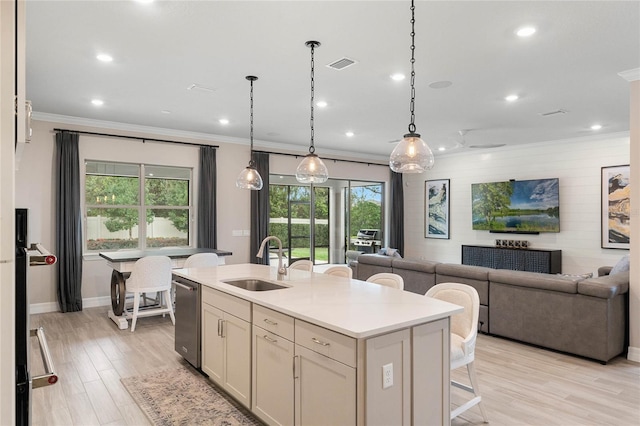 kitchen with stainless steel dishwasher, open floor plan, a sink, and light countertops