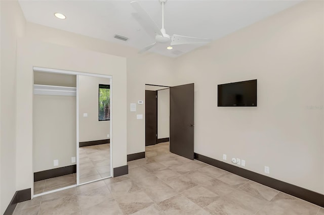 unfurnished bedroom with recessed lighting, visible vents, ceiling fan, and baseboards