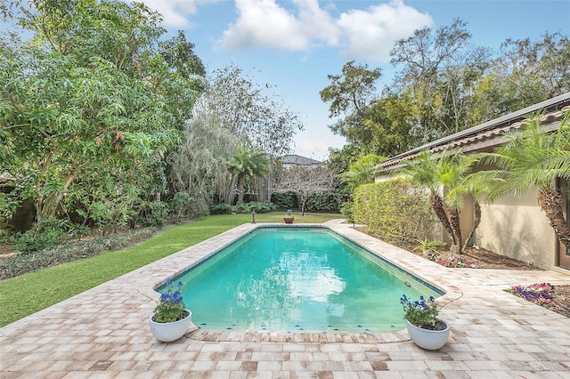 pool featuring a patio area, a yard, and fence