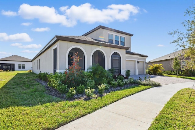 view of front of house with driveway, a front yard, and stucco siding