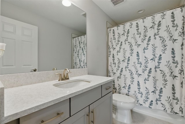 full bath featuring shower / bath combo, visible vents, toilet, tile patterned flooring, and vanity