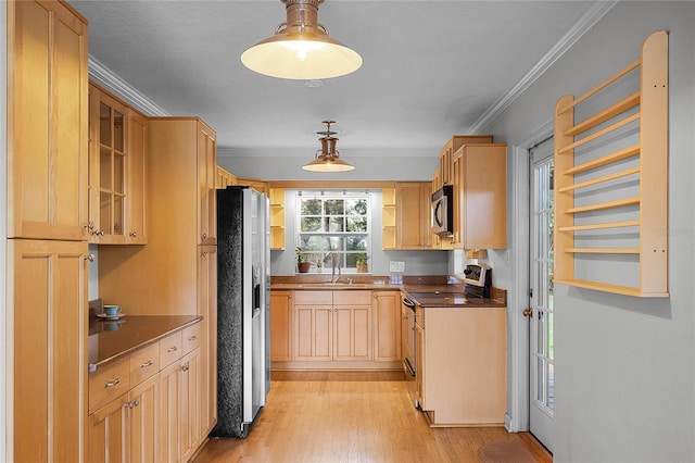 kitchen with sink, light hardwood / wood-style flooring, appliances with stainless steel finishes, hanging light fixtures, and light brown cabinetry