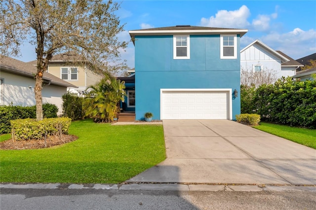 view of front of house featuring a front yard, concrete driveway, an attached garage, and stucco siding