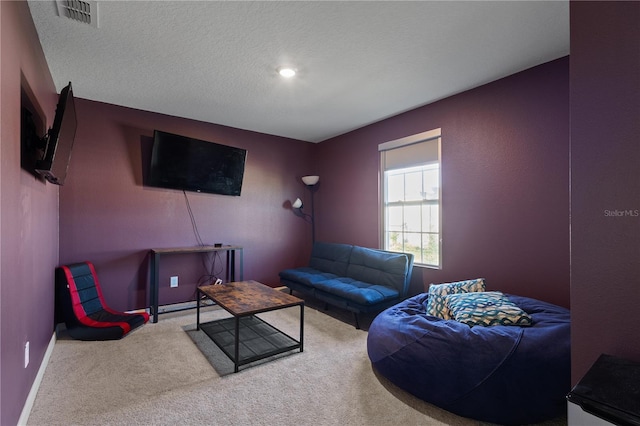 carpeted living room with a textured ceiling