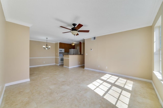 unfurnished living room with crown molding and ceiling fan with notable chandelier