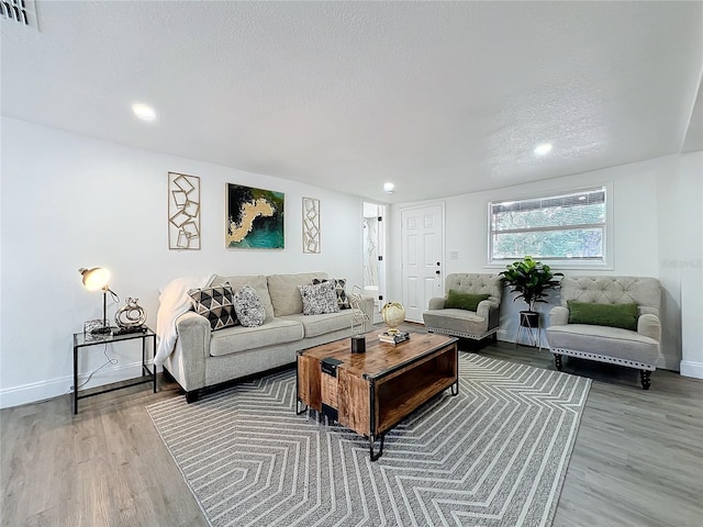 living room with wood-type flooring and a textured ceiling