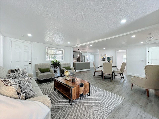 living room featuring hardwood / wood-style floors and a textured ceiling