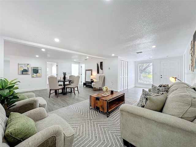 living room featuring a textured ceiling and light wood-type flooring