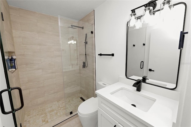 full bath featuring toilet, a shower stall, and vanity