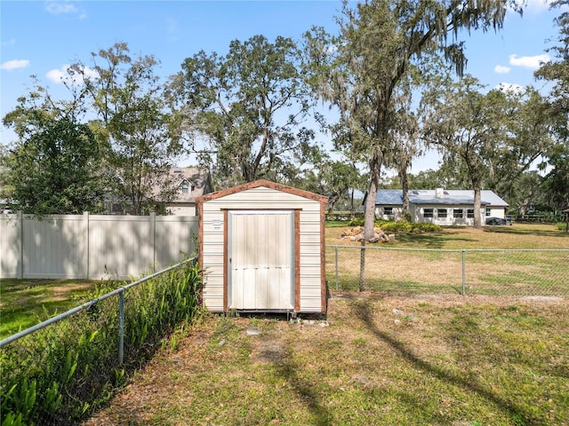 view of shed featuring a fenced backyard