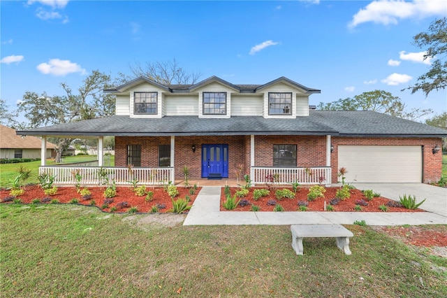 country-style home with an attached garage, covered porch, and brick siding