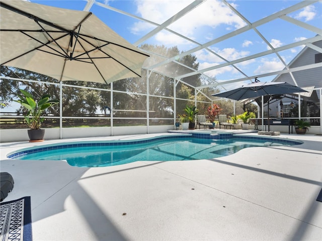 view of swimming pool featuring a patio area and glass enclosure